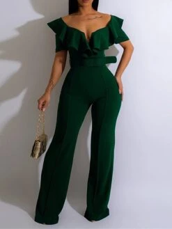 Women's Jumpsuit Ruffle High Waist Solid Color Off Shoulder Elegant Wedding Party Regular Fit Short Sleeve Black Red Blue S M L Fall -Outlet Suit Skirt Fit Store pjtmmu1697522066089