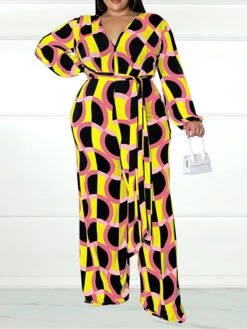 Women's Jumpsuit High Waist Print Geometric V Neck Casual Street Daily Regular Fit Long Sleeve Black Yellow Wine XL XXL 3XL Spring -Outlet Suit Skirt Fit Store ptioke1675747235332