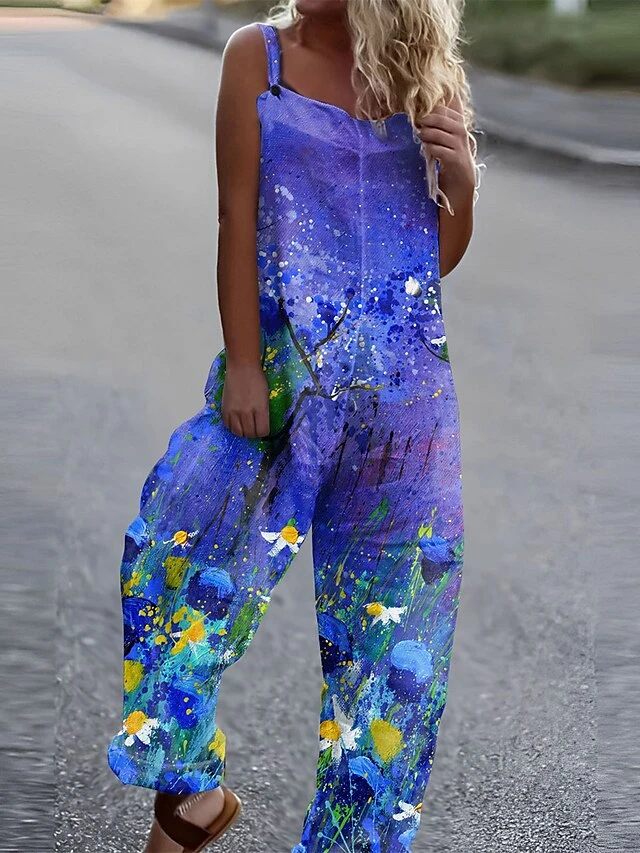 Jumpsuits For Women Summer Overall Print Floral Square Neck Streetwear Daily Vacation Loose Fit Sleeveless White Royal Blue Blue S M L 6 Jumpsuits For Women Summer Overall Print Floral Square Neck Streetwear Daily Vacation Loose Fit Sleeveless White Royal Blue Blue S M L - Image 6