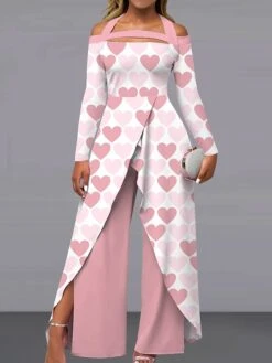 Women‘s Jumpsuit Print Print Off ShoulderPink Fall Winter Elegant Daily Vacation Wide Leg Regular Fit Long Sleeve Purple Light Blue S M L All Seasons