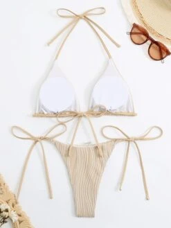 Sexy String Bikini 2023 Women Solid Colors Thong Halter Bikinis Set Textured Swimsuit Adjustable Micro Bathing Suit Feminino Biquini Set Beachwear Swimming Suit -Outlet Suit Skirt Fit Store pxliqy1689246133661