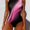 Women's Swimwear One Piece Normal Swimsuit Printing Gradient Color White Yellow Pink Green Bodysuit Bathing Suits Sports Beach Wear Summer