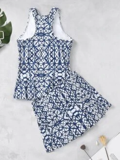 Women's Swimwear Tankini Swim Dress Normal Swimsuit 3-Piece Modest Swimwear Open Back Slim Printing Blue Scoop Neck Bathing Suits Sports Vacation Party -Outlet Suit Skirt Fit Store qcyeub1644213413305