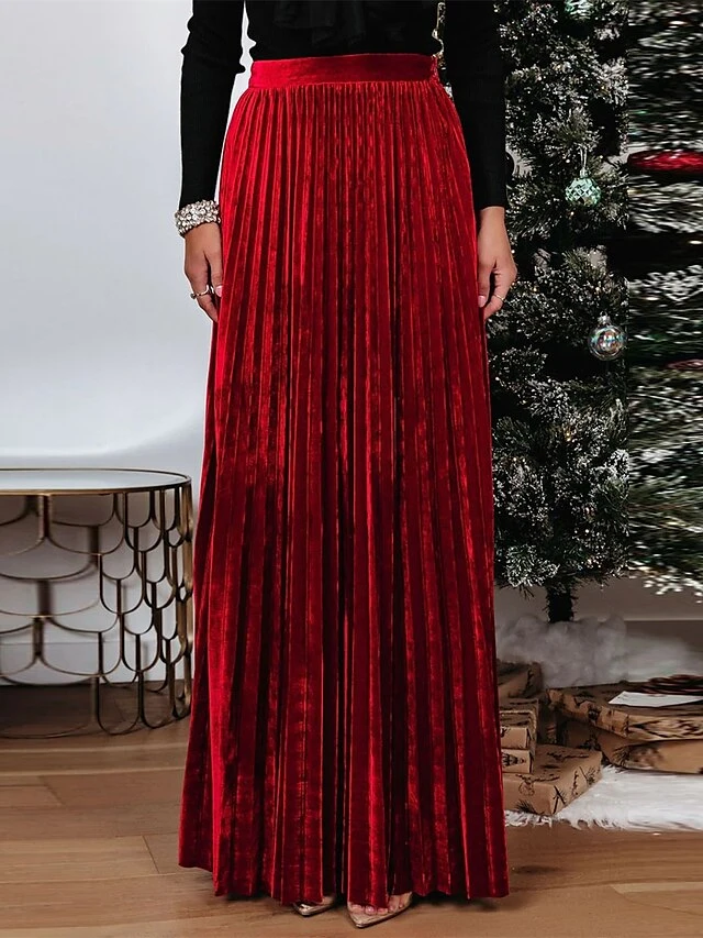 Women's Skirt Swing Maxi Skirt Gold Velvet Wine Red Dark Green Skirts Fall & Winter Pleated High Waist Fashion Elegant Christmas Xmas StreetM L XL 2 Women's Skirt Swing Maxi Skirt Gold Velvet Wine Red Dark Green Skirts Fall & Winter Pleated High Waist Fashion Elegant Christmas Xmas StreetM L XL - Image 2