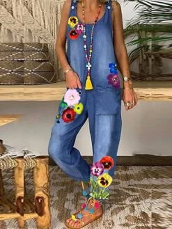 Denim Jumpsuit For Women Overall Pocket Print Floral U Neck Active Vacation Weekend Cargo Pants Loose Fit Sleeveless Sleeveless Dark Gray Light Blue S M L Summer Fall Cowgirl Jeans & Western Wear