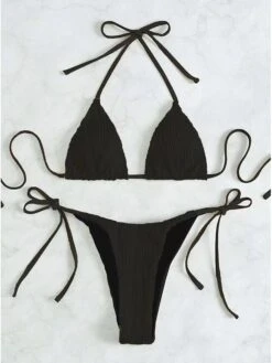Sexy String Bikini 2023 Women Solid Colors Thong Halter Bikinis Set Textured Swimsuit Adjustable Micro Bathing Suit Feminino Biquini Set Beachwear Swimming Suit -Outlet Suit Skirt Fit Store qibbrk1689246134176