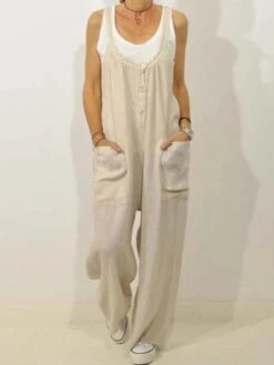 Women's Jumpsuit Button Pocket Solid Color U Neck Streetwear Street Daily Regular Fit Sleeveless Khaki Black S M L Spring