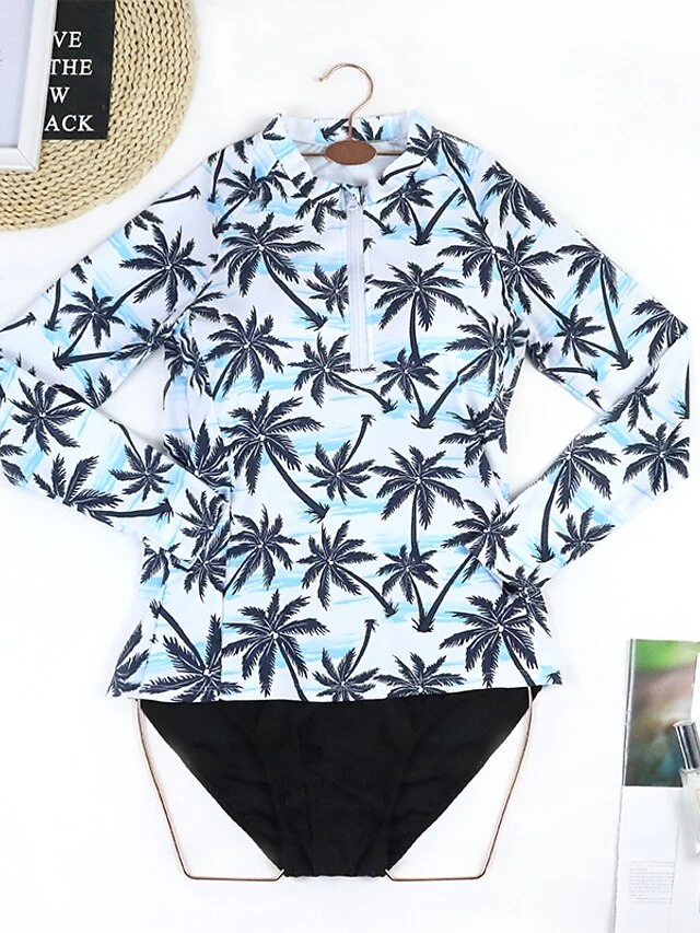 Women's Swimwear Rash Guard Diving Normal Swimsuit Half Zip Mixed Color Floral Print Plant Black White Pink Padded High Neck Bathing Suits New Vacation Holiday 7 Women's Swimwear Rash Guard Diving Normal Swimsuit Half Zip Mixed Color Floral Print Plant Black White Pink Padded High Neck Bathing Suits New Vacation Holiday - Image 7