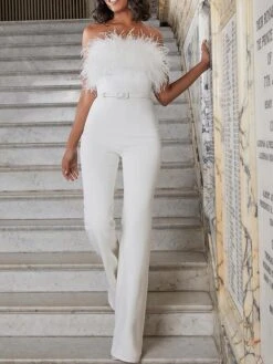 Women's Jumpsuit Feather Solid Color Strapless Streetwear Wedding Party Regular Fit Sleeveless White S M L Summer -Outlet Suit Skirt Fit Store qkwirn1681730348779