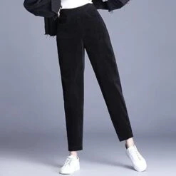 Women‘s Fleece Corduroy Pants Chinos Trousers Ankle-Length Side Pockets Micro-elastic Mid Waist Fashion Casual Weekend Black Brown S M -Outlet Suit Skirt Fit Store qllznh1656415173754