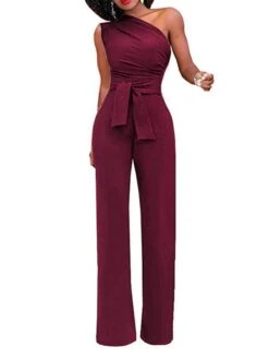 Women Party Jumpsuit Backless Lace Up Solid Color One Shoulder Elegant Party Street Regular Fit Sleeveless Green Blue White S M L Spring -Outlet Suit Skirt Fit Store qnorvb1650427002842