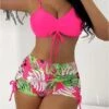 6 Colors High Waist Bikini Women's Swimwear Padded Drawstring Sexy Straps Bikinis Set Leaves Printed 2 Pieces Swimsuit Soft Pads Bathing Suits Beach Wear