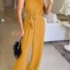 Women's Jumpsuit Lace Up Backless Solid Color Halter Neck Holiday Wedding Street Loose Fit Sleeveless Yellow Fuchsia Green S M L Summer