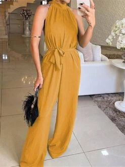 Women's Jumpsuit Lace Up Backless Solid Color Halter Neck Holiday Wedding Street Loose Fit Sleeveless Yellow Fuchsia Green S M L Summer