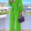 Jumpsuits For Women Summer Dressy Button High Waist Solid Color Shirt Collar Business Office Christmas Work Regular Fit Long Sleeve Black Fuchsia Orange S M L
