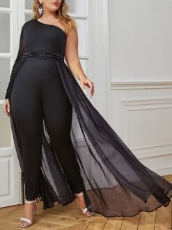 Women's Jumpsuit Overlay Lace Up Mesh Solid Color One Shoulder Streetwear Party Going Out Regular Fit Long Sleeve Black White Yellow S M L Spring