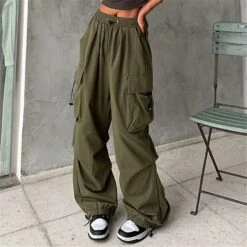 Women‘s Cargo Parachute pants Trousers Baggy Full Length Baggy Micro-elastic High Waist Fashion Casual Daily ArmyGreen Black S M Spring &Fall -Outlet Suit Skirt Fit Store qzehqx1659455882765