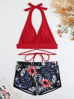 Floral Printing High Waist Bikini Women Deep V Halter Neck Bikinis Set Swimwear Ladies Soft Pads Push Up Swimsuit Sexy Ladies Bathing Suits Beachwear -Outlet Suit Skirt Fit Store qzmjtk1690879632414