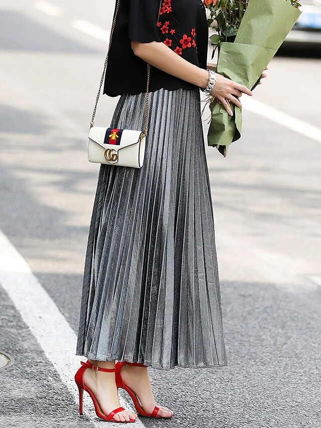 Women's Skirt Swing Long Skirt Maxi Silver Black Red Blue Skirts Pleated Streetwear Summer Holiday Weekend S M L 5 Women's Skirt Swing Long Skirt Maxi Silver Black Red Blue Skirts Pleated Streetwear Summer Holiday Weekend S M L - Image 5