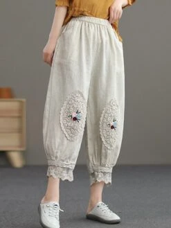 Women's Chinos Baggy Cropped Pants Ankle-Length Cotton Lace Embroidered Micro-elastic Mid Waist Vacation Fashion Vacation Going Out Black White M L Summer Fall -Outlet Suit Skirt Fit Store rbucku1689924792494