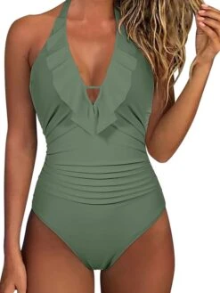 Sexy Deep V-Neck Swimwear For Women Backless Halter Neck One Piece Swimsuit Ruffle Plunge Padded Bathing Suits Cute Beach Wear Solid Colors -Outlet Suit Skirt Fit Store rccpzp1686048148125