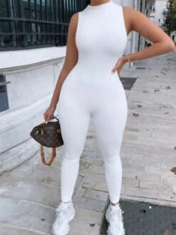 Women's Jumpsuit Workout Bodysuit High Waist Solid Color Crew Neck Active Sport Holiday Regular Fit Sleeveless Gray White Black XS S M Spring Fall Gym