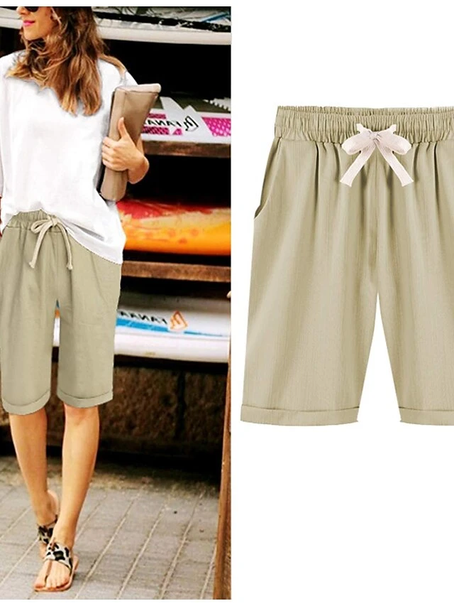 Women's Slacks Sunday Shorts Cotton Blend Light Blue Pink ArmyGreen Mid Waist Vacation Casual Work Beach Pocket Micro-elastic Knee Length Lightweight Solid Color S M L XL 2XL / Loose Fit 2 Women's Slacks Sunday Shorts Cotton Blend Light Blue Pink ArmyGreen Mid Waist Vacation Casual Work Beach Pocket Micro-elastic Knee Length Lightweight Solid Color S M L XL 2XL / Loose Fit - Image 2