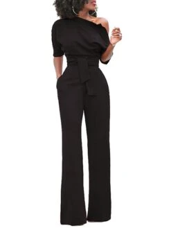 Women's Jumpsuit For Special Occasions Christmas Pocket High Waist Solid Color Cold Shoulder Business Office Work Party Xmas Regular Fit Half Sleeve Black White Yellow S M L Summer -Outlet Suit Skirt Fit Store rhybfr1681106797434