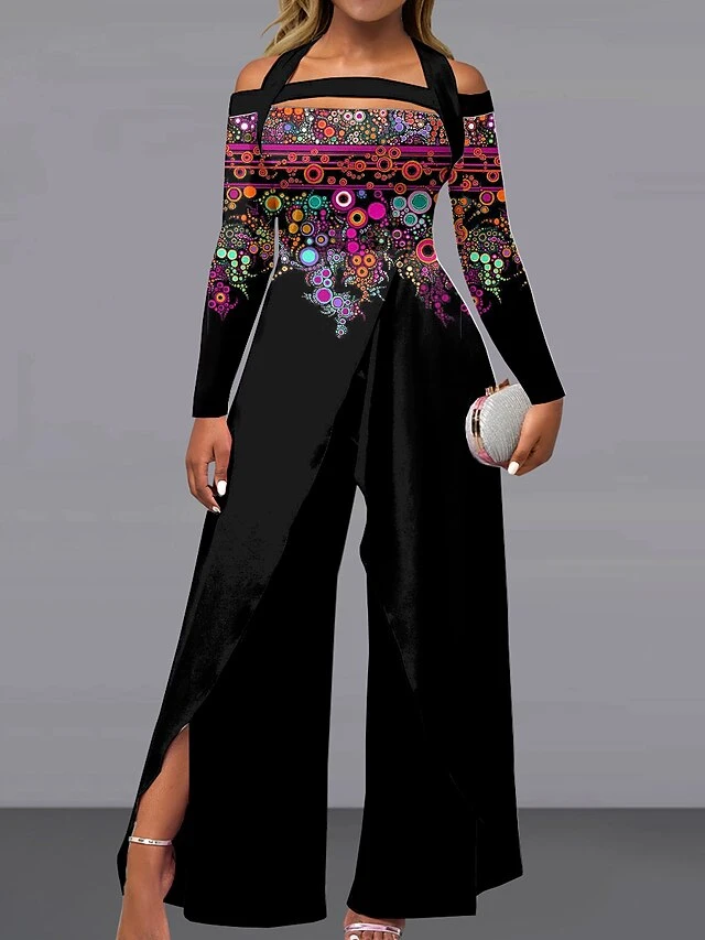 Women's Jumpsuit Print Geometric Off Shoulder Elegant Wedding Party Wide Leg Regular Fit Long Sleeve Pink Red Blue S M L Fall 2 Women's Jumpsuit Print Geometric Off Shoulder Elegant Wedding Party Wide Leg Regular Fit Long Sleeve Pink Red Blue S M L Fall - Image 2