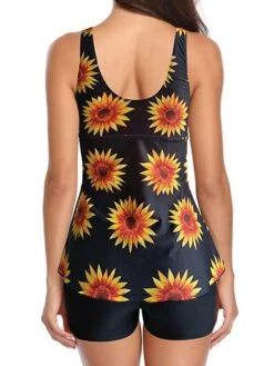 Women's Swimwear Swim Dress 2 Piece Plus Size Swimsuit 2 Piece Modest Swimwear Open Back Printing Leaf Sunflower Black White Yellow Wine Orange Camisole V Wire Bathing Suits New Vacation Fashion -Outlet Suit Skirt Fit Store rolzwe1669023850718