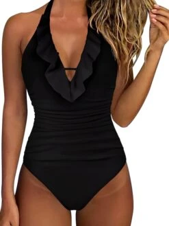 Sexy Deep V-Neck Swimwear For Women Backless Halter Neck One Piece Swimsuit Ruffle Plunge Padded Bathing Suits Cute Beach Wear Solid Colors -Outlet Suit Skirt Fit Store rqudfw1686048139637