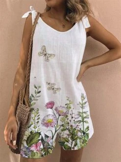 Women's Romper Print Floral Crew Neck Holiday Street Daily Regular Fit Strap White Yellow Light Green S M L Summer