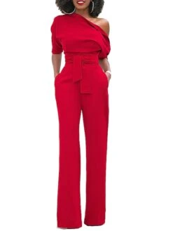Women's Jumpsuit For Special Occasions Christmas Pocket High Waist Solid Color Cold Shoulder Business Office Work Party Xmas Regular Fit Half Sleeve Black White Yellow S M L Summer -Outlet Suit Skirt Fit Store rsnzjs1681106796949