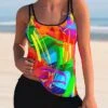 Women's Swimwear Tankini 2 Piece Plus Size Swimsuit 2 Piece Printing Graphic Black Blue Purple Green Rainbow Tank Top High Neck Bathing Suits Sports Beach Wear Summer