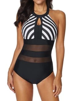Women's Swimwear One Piece Normal Swimsuit Mesh Patchwork Printing Striped Black White Blue Beige Bodysuit Bathing Suits Sports Beach Wear Summer -Outlet Suit Skirt Fit Store rvtjrs1687252186844