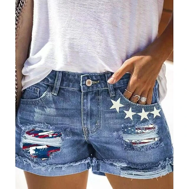Women's Jeans Shorts Denim Blue Mid Waist Fashion Casual Weekend Side Pockets Cut Out Micro-elastic Short Comfort American Flag S M L XL XXL / Print 1 Women's Jeans Shorts Denim Blue Mid Waist Fashion Casual Weekend Side Pockets Cut Out Micro-elastic Short Comfort American Flag S M L XL XXL / Print