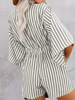 Women's Romper Lace Up Pocket Striped V Neck Casual Street Daily Regular Fit 3/4 Length Sleeve Pink Khaki Light Blue S M L Summer -Outlet Suit Skirt Fit Store rzswnx1678187356321