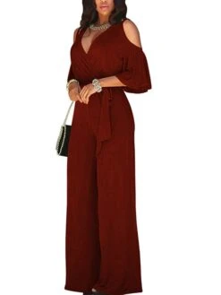 Black Jumpsuit For Women Lace Up V Neck Ordinary Street Regular Fit Long Sleeve Wine Royal Blue S M L Fall -Outlet Suit Skirt Fit Store saodyz1630853128061