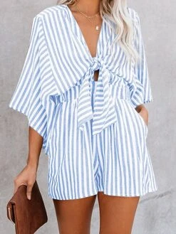 Women's Romper Lace Up Pocket Striped V Neck Casual Street Daily Regular Fit 3/4 Length Sleeve Pink Khaki Light Blue S M L Summer -Outlet Suit Skirt Fit Store sdlraw1678187360970