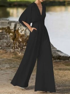 Women's Jumpsuit Pocket High Waist Solid Color V Neck Elegant Christmas Wedding Party Xmas Regular Fit 3/4 Length Sleeve Black White Pink S M L Fall -Outlet Suit Skirt Fit Store serfux1695347184873