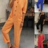 Women's Jumpsuit Button Pocket Solid Color Round Neck Streetwear Home Daily Slim Half Sleeve Black Red Blue S M L Fall