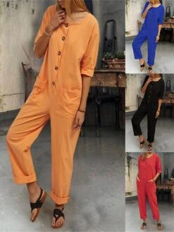 Women's Jumpsuit Button Pocket Solid Color Round Neck Streetwear Home Daily Slim Half Sleeve Black Red Blue S M L Fall