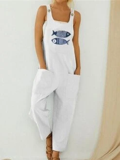 Women's Overall Button Pocket Animal Crew Neck Streetwear Daily Vacation Regular Fit Sleeveless Black White Army Green S M L Summer