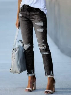 Women‘s Low Rise Jeans Skinny Pants Trousers Full Length Denim Ripped Micro-elastic Mid Waist Fashion Streetwear Street Daily Black Dark Navy S M Fall Winter -Outlet Suit Skirt Fit Store shbplq1693811776680