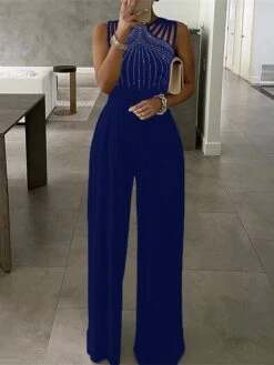 Women's Jumpsuit High Waist Cut Out Solid Color Round Neck Elegant Wedding Party Slim Sleeveless Black Red Blue S M L Fall