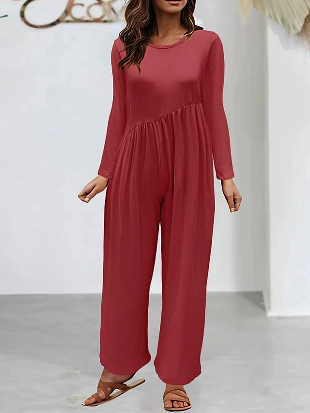 Women's Jumpsuit Pocket High Waist Solid Color Crew Neck Streetwear Street Daily Regular Fit Long Sleeve Black Yellow Red S M L Fall 4 Women's Jumpsuit Pocket High Waist Solid Color Crew Neck Streetwear Street Daily Regular Fit Long Sleeve Black Yellow Red S M L Fall - Image 4