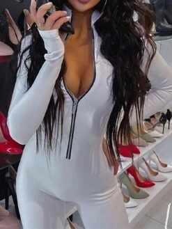 Women's Jumpsuit Zipper Stand Collar Ordinary Sport Regular Fit Long Sleeve White Black S M L Spring