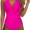 Sexy Deep V-Neck Swimwear For Women Backless Halter Neck One Piece Swimsuit Ruffle Plunge Padded Bathing Suits Cute Beach Wear Solid Colors