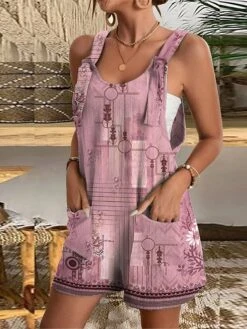 Women's Overall Pocket Print Floral U Neck Casual Daily Going Out Baggy Shorts Loose Fit Strap Light Green Pink Blue S M L Summer