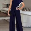 Women's Jumpsuit Solid Color One Shoulder Elegant Holiday Weekend Straight Regular Fit Short Sleeve Navy Blue S M L Spring